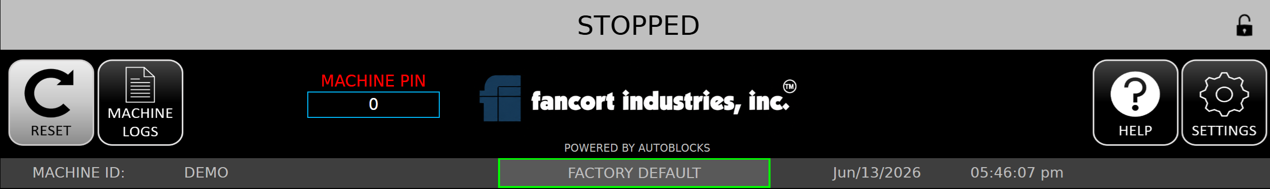 AutoCode main screen showing integrator logo placement at the top of the HMI